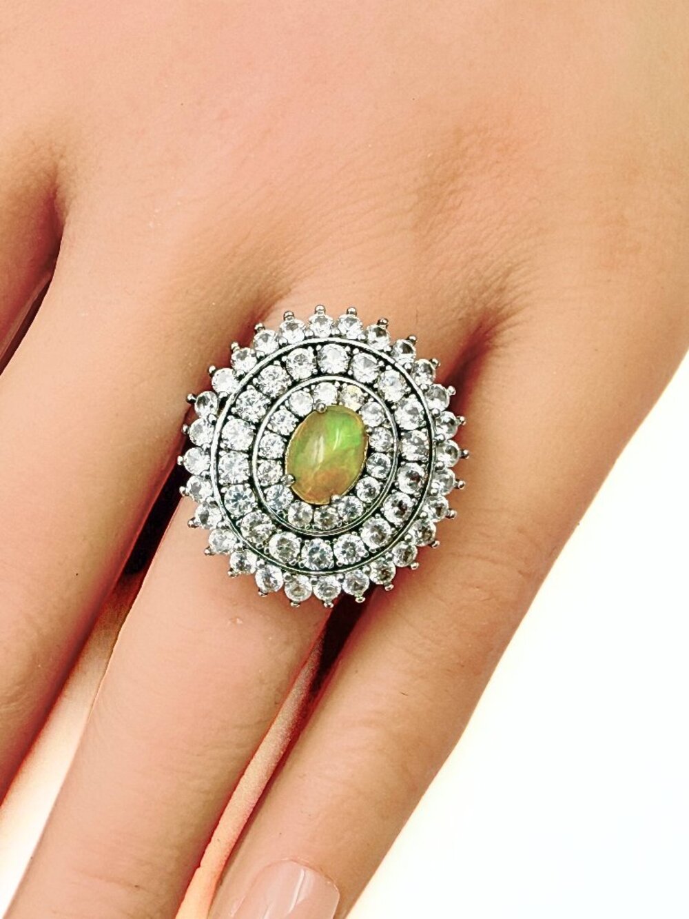 Contemporary Marked Sterling Silver 3 Halo Lab Opal Topaz Cocktail Ring Sz 10.75